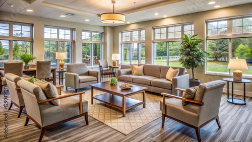 Assisted living facility common area with comfortable seating and stylish coffee tables, featuring a large window wall with plenty of natural light, community space, assisted living