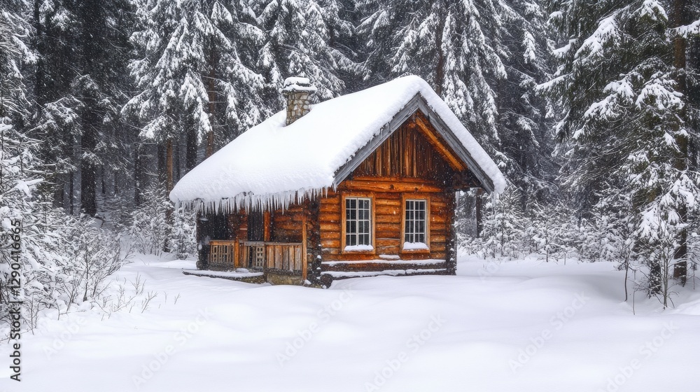 A charming wooden hut with a snow-covered roof in the middle of a white winter landscape, surrounded by tall pines. A charming wooden hut with a snow-covered roof in the middle of a white winter landscape, surrounded by tall pines.