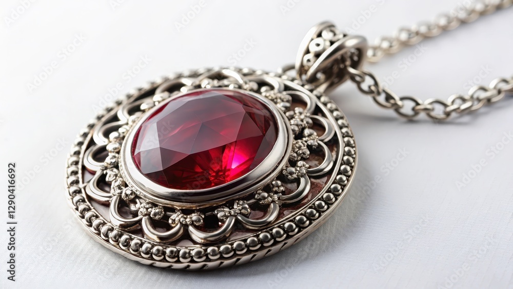 Deep red ruby gemstone set in a silver pendant surrounded by intricate engravings and ornate details, suspended from a delicate chain with a small clasp , metalwork, pendant Deep red ruby gemstone set in a silver pendant surrounded by intricate engravings and ornate details, suspended from a delicate chain with a small clasp , metalwork, pendant