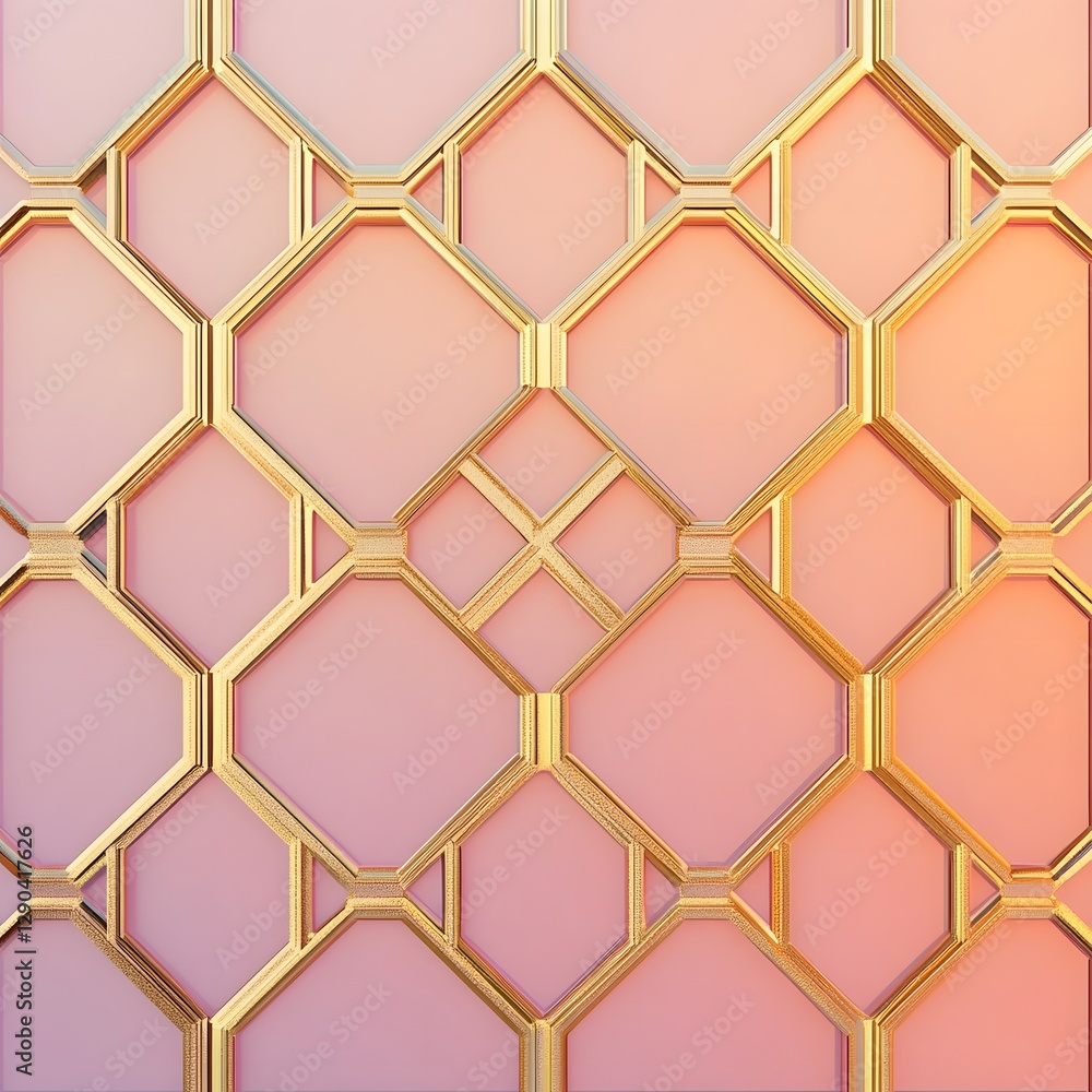 Golden Geometric Hexagon Mosaic Pattern in Soft Pink and Orange Gradient Backdrop Golden Geometric Hexagon Mosaic Pattern in Soft Pink and Orange Gradient Backdrop