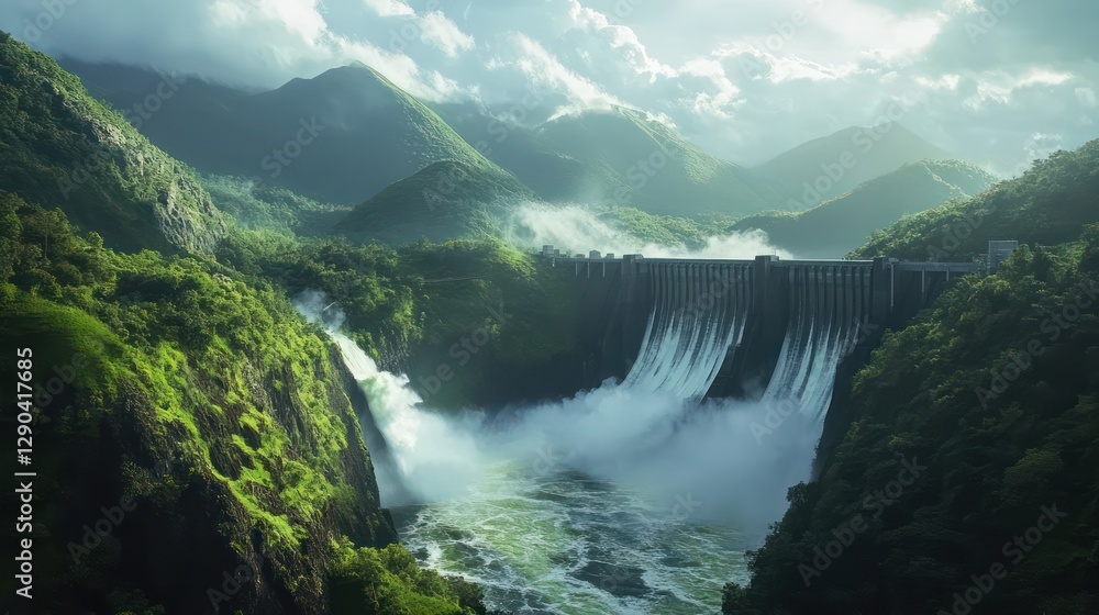A large hydroelectric dam with powerful water flows, surrounded by lush green mountains, symbolizing sustainable energy generation A large hydroelectric dam with powerful water flows, surrounded by lush green mountains, symbolizing sustainable energy generation