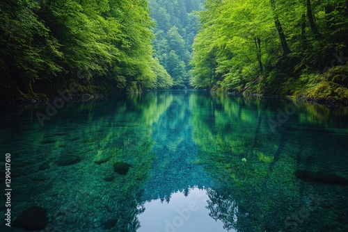 Crystal-clear river flows through a lush green forest, reflecting the vibrant foliage.