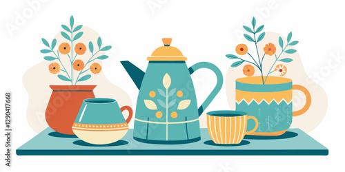 Collection of whimsical teapot and cups with floral designs on white background