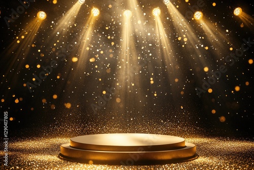 The golden stage background is decorated with sparkling lights and glitter, creating an atmosphere of celebration for the award ceremony.