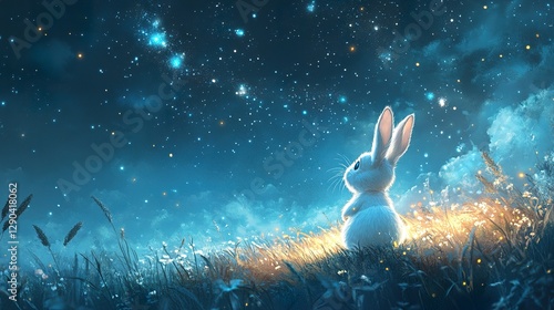 White rabbit gazes at the celestial starry night sky