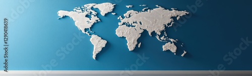 World map on a blue background, white paper cutout style, flat design, simple, minimalistic, high resolution, high quality