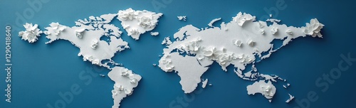 World map on a blue background, white paper cutout style, flat design, simple, minimalistic, high resolution, high quality