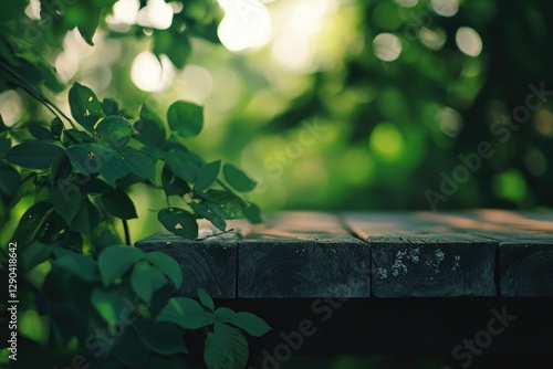 Wooden table top with blurred green leaves and bokeh background for product display presentation. Generative AI technology, green nature blur in the garden or park background.