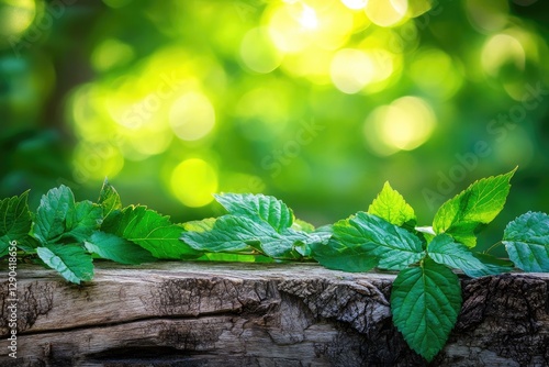 Wooden table top with blurred green leaves and bokeh background for product display presentation. Generative AI technology, green nature blur in the garden or park background.
