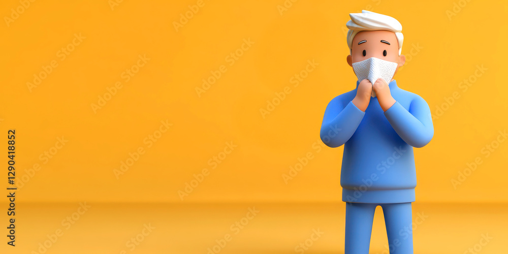 sneezing blowing from virus, 3D concept. 3D cartoon character wearing a mask, looking surprised against a vibrant yellow background.