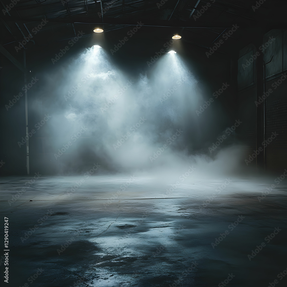 A dimly lit room with a concrete floor, filled with smoke and illuminated by soft spotlights A dimly lit room with a concrete floor, filled with smoke and illuminated by soft spotlights