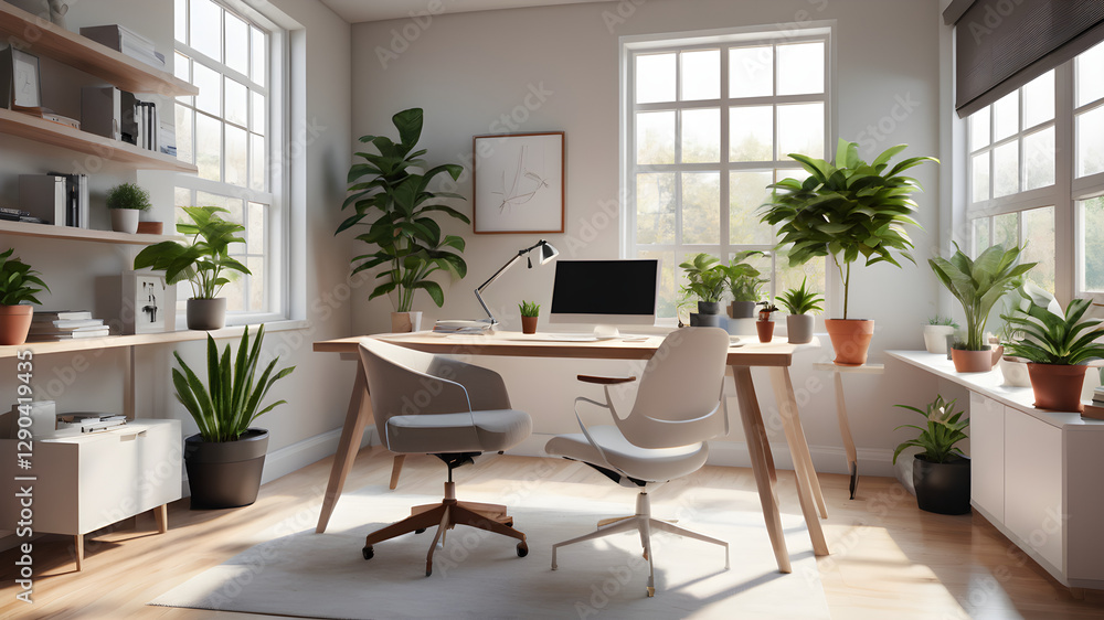 Fototapeta premium A modern home office in a bright, spacious interior with an ergonomic desk, computer, and potted plants. Large windows let in natural light, creating a functional and stylish remote work environment.