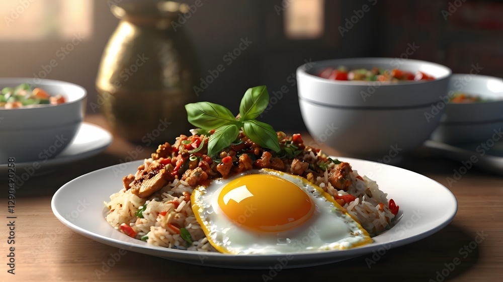 Delicious Fried Egg with Spicy Stir fried Rice and Meat Asian Cuisine Delicious Fried Egg with Spicy Stir fried Rice and Meat Asian Cuisine