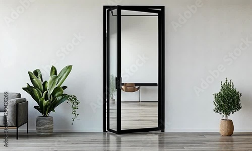 Modern glass door in a stylish room with plants, showcasing minimalist design and natural light