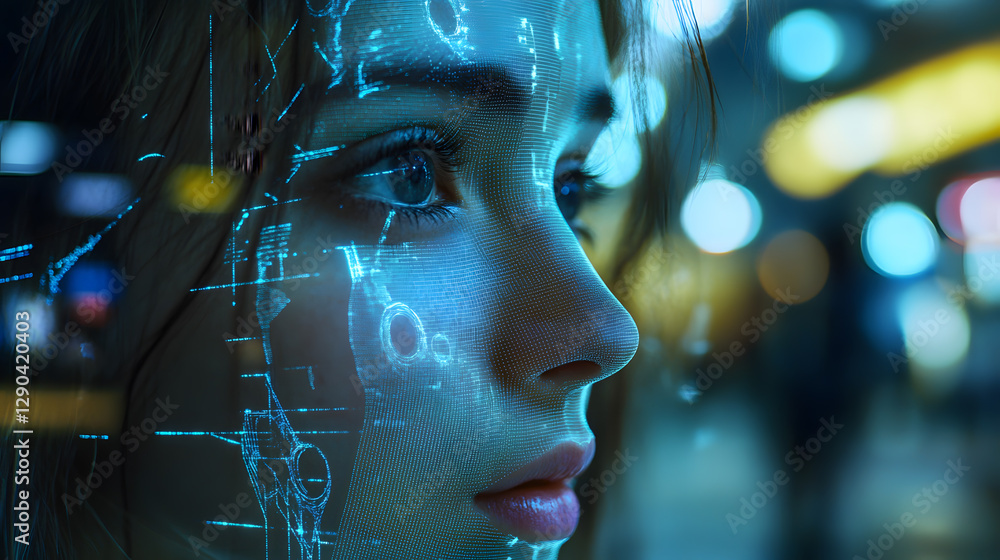 close up of woman face with digital facial recognition overlay, highlighting technology and identity in futuristic setting. background is blurred with bokeh lights close up of woman face with digital facial recognition overlay, highlighting technology and identity in futuristic setting. background is blurred with bokeh lights