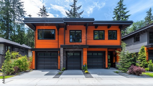 Modern duplex home with vibrant orange exterior surrounded by lush greenery and clear sky photo