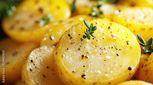 Roasted potato slices, seasoned with herbs and pepper, close-up photo