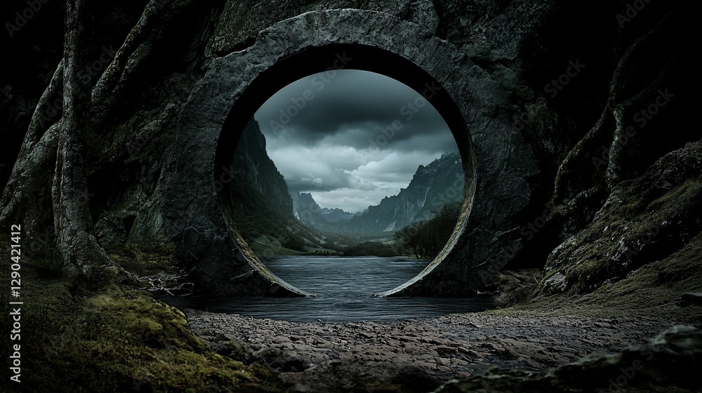 Fototapeta premium Circular stone frame reveals scenic valley view.