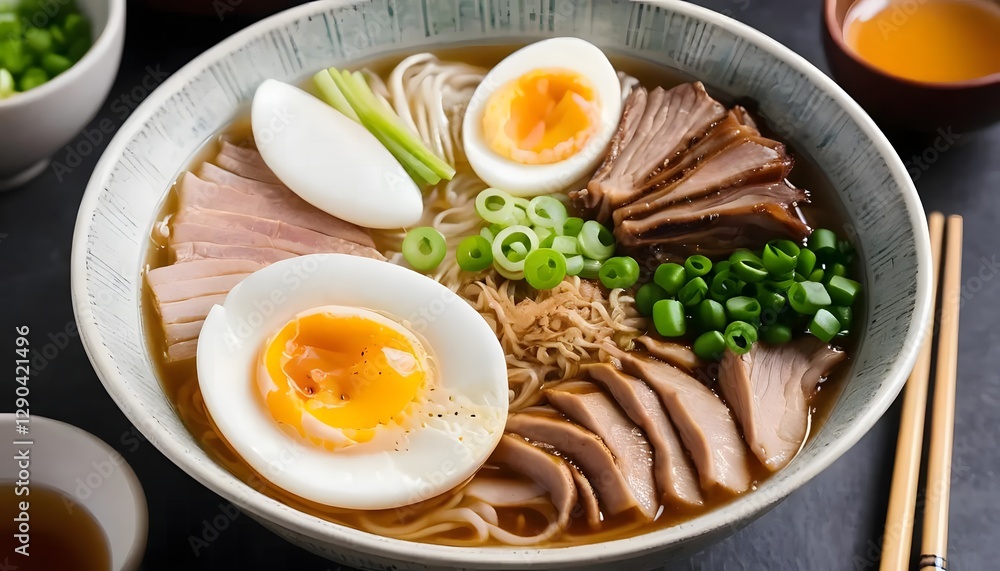 Delicious Japanese Ramen Noodle Soup with Sliced Pork Soft Boiled Eggs and Green Onions Delicious Japanese Ramen Noodle Soup with Sliced Pork Soft Boiled Eggs and Green Onions