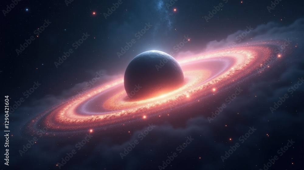 Obraz premium A luminous ring galaxy floating in the endless void, glowing outer rim shimmering with countless stars, a hypnotic blend of cosmic dust and nebular brilliance in Magical Realism.