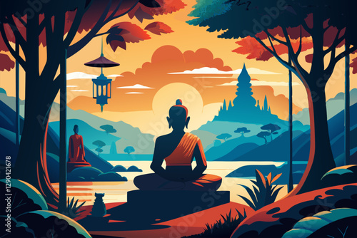 Vesak day meditation with buddha silhouette at sunset