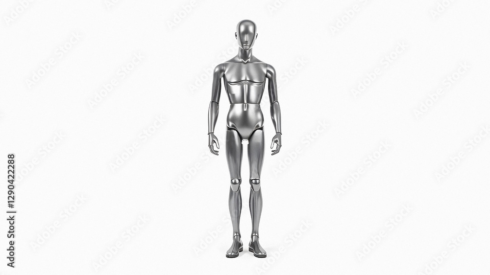 Chromium male mannequin standing on a white background with copy space. Modern fashionable composition mockup
Chromium male mannequin standing on a white background with copy space. Modern fashionable composition mockup
