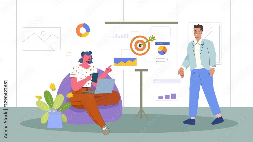Flat character scene animation showing characters engaging in business planning activities, like brainstorming ideas, creating strategies, and organizing tasks for a successful outcome. Flat character scene animation showing characters engaging in business planning activities, like brainstorming ideas, creating strategies, and organizing tasks for a successful outcome.