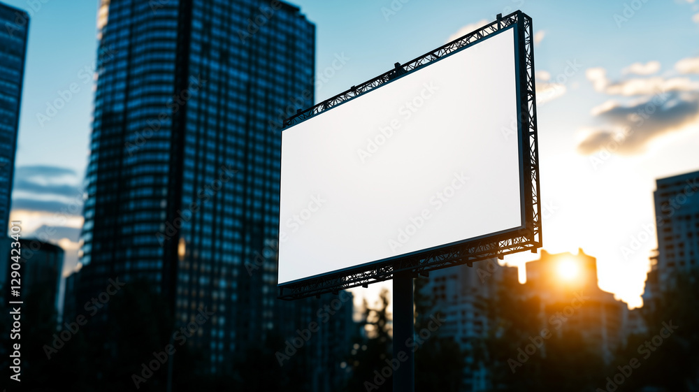 blank billboard stands prominently in city center during sunset, surrounded by modern skyscrapers. scene captures urban landscape vibrant atmosphere blank billboard stands prominently in city center during sunset, surrounded by modern skyscrapers. scene captures urban landscape vibrant atmosphere