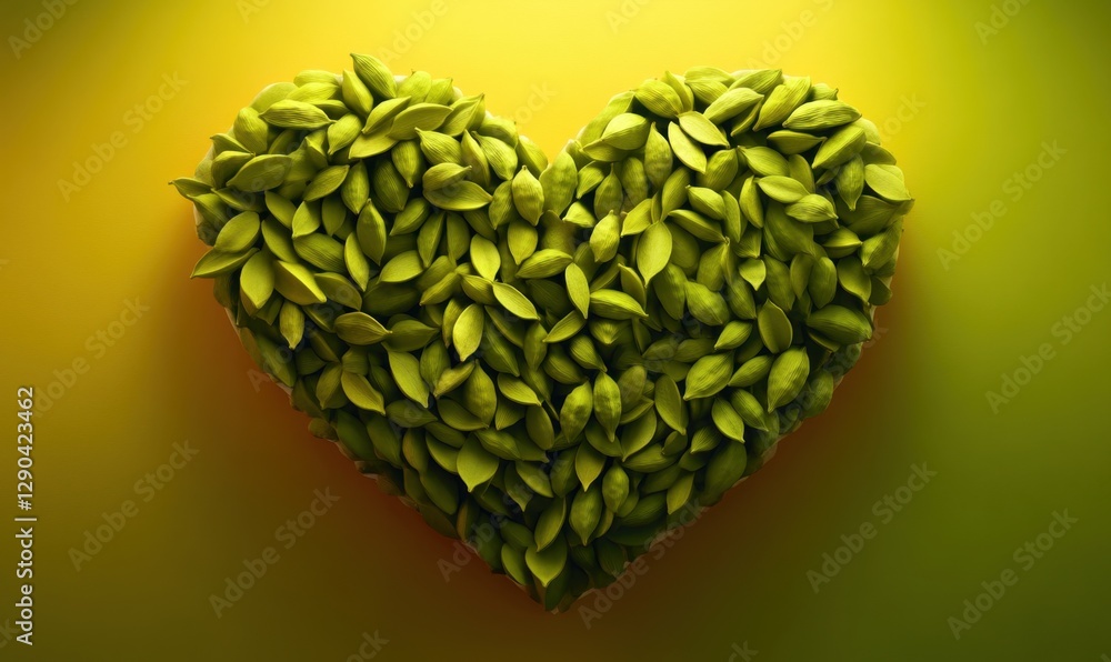 Green leaf heart on gradient yellow background, eco love concept Green leaf heart on gradient yellow background, eco love concept