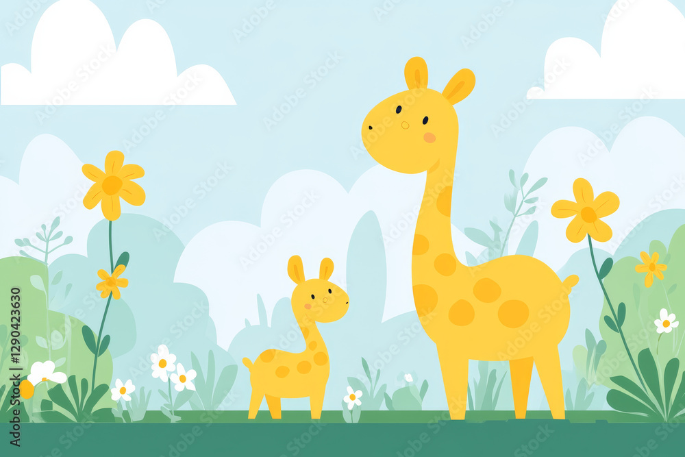 Obraz premium Cute giraffes in colorful landscape with flowers and greenery
