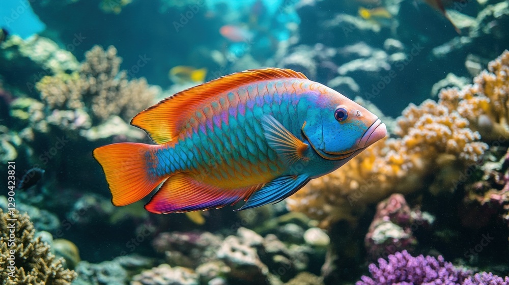 Fototapeta premium A colorful parrotfish grazing on coral in a shallow reef, with a pristine marine ecosystem in the background.