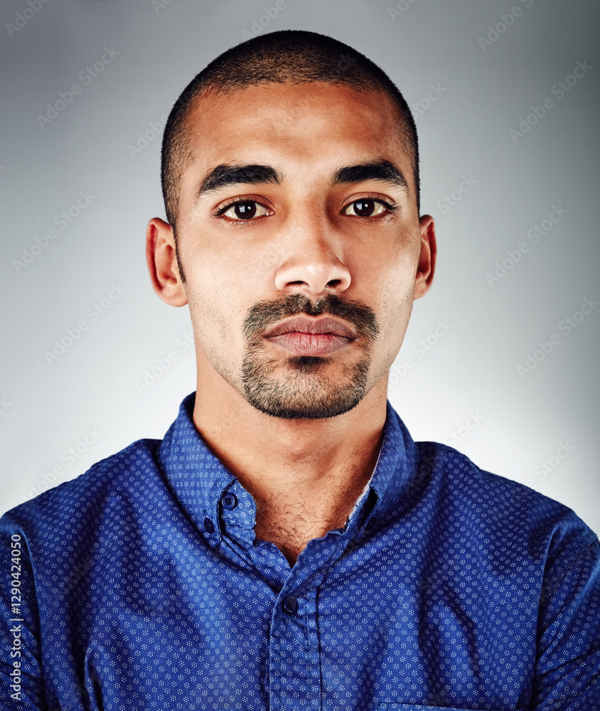 Fototapeta premium Serious, pride and portrait of business man for advertising director, professional and creative. Marketing manager, advisor and consultant with headshot of person on white background in studio