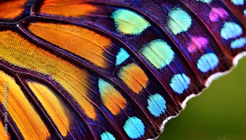 A macro shot of butterfly wing scales, revealing intricate iridescent patterns that shimmer under light. Vivid colors and delicate textures showcase the beauty of nature’s microscopic details.