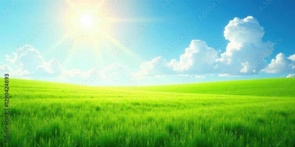Obraz premium Serene Sunny Day in a Verdant Rolling Meadow with Fluffy White Clouds and Bright Sunlight