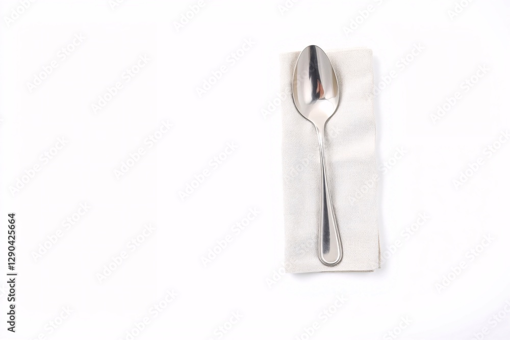 Shiny silver spoon placed diagonally on a folded napkin on white background. Shiny silver spoon placed diagonally on a folded napkin on white background.