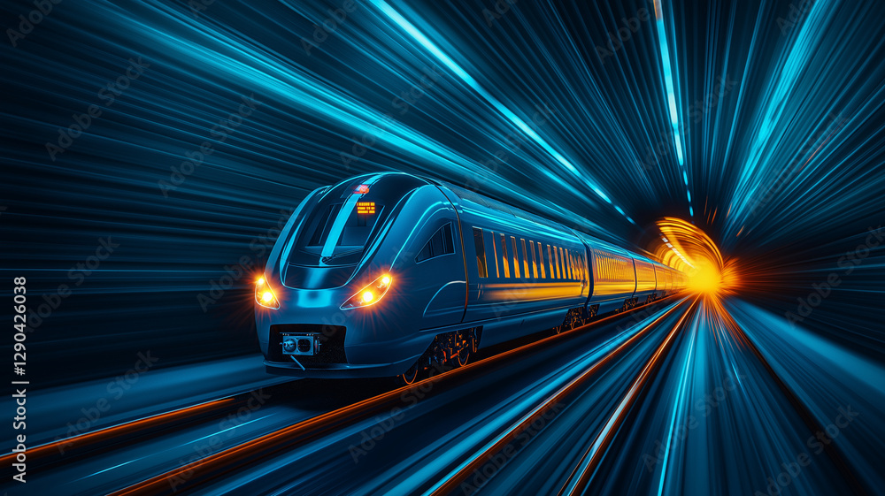 high speed train in blue moving rapidly through glowing tunnel, showcasing dynamic motion and energy. scene captures essence of modern transportation and technology high speed train in blue moving rapidly through glowing tunnel, showcasing dynamic motion and energy. scene captures essence of modern transportation and technology