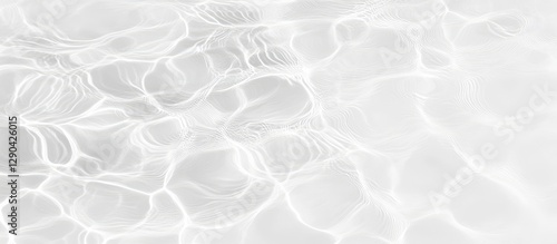 White water texture, a clear, transparent, and calm surface with ripples and waves against a light gray background. Minimalist flat lay banner for a spa or beauty concept