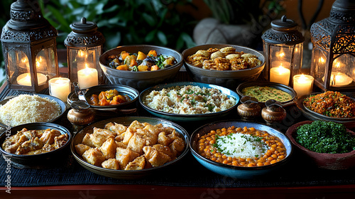 Diverse Middle Eastern feast spread on table with lanterns and candles