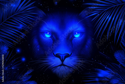 striking blue lion face surrounded by tropical leaves photo