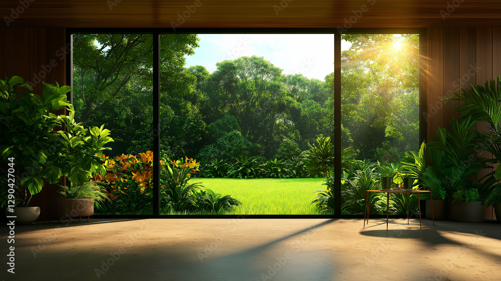 bright, modern interior with large windows showcasing lush green landscape. sunlight filters through, creating warm and inviting atmosphere bright, modern interior with large windows showcasing lush green landscape. sunlight filters through, creating warm and inviting atmosphere