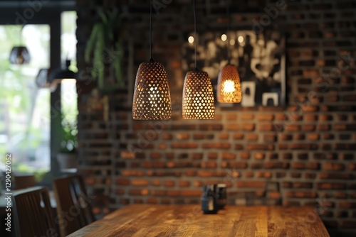 Wooden table in the blurred background of an interior modern cafe with a brick wall and hanging lamps.