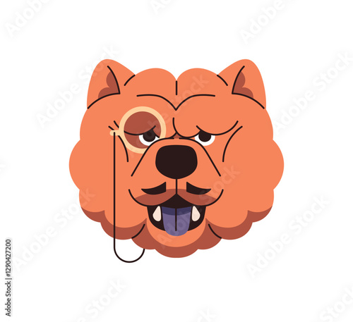 Avatar of dog, puppy in Halloween party suit with monocle, mustache. Cute portrait of Chow-Chow with happy muzzle in carnival costume of gentleman of 19th. Flat isolated vector illustration on white