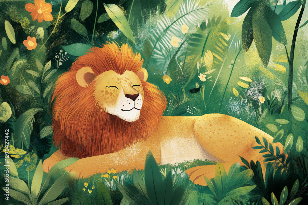 Naklejka premium relaxed lion resting in lush green jungle