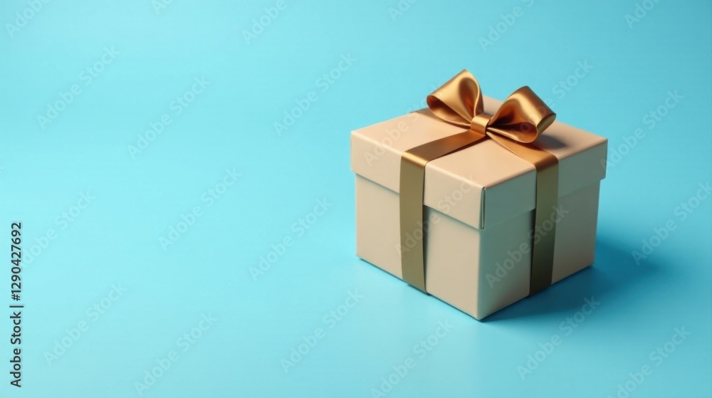 Fototapeta premium A Beige Gift Box with a Golden Ribbon Bow on a Light Blue Background