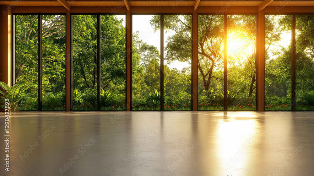 spacious empty room with large windows showcasing vibrant green landscape and sunlight streaming in, creating warm and inviting atmosphere spacious empty room with large windows showcasing vibrant green landscape and sunlight streaming in, creating warm and inviting atmosphere