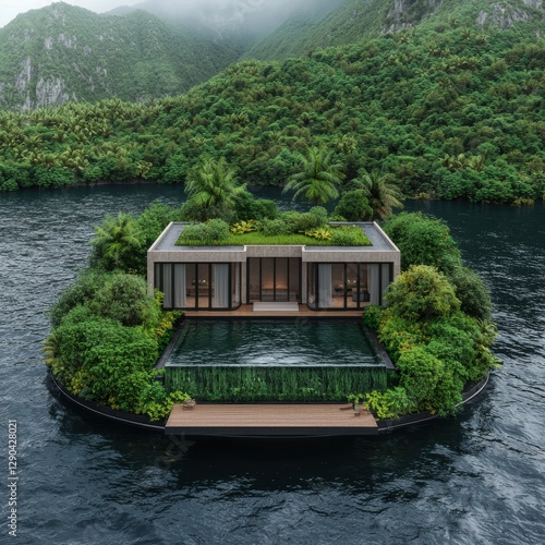 Luminescent floating forest island ecohouse in lush paradise tranquil waters serene nature retreat photo