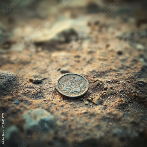A weathered coin covered in dirt, lost to time, evoking thoughts of buried treasure, history, and forgotten wealth.  
 photo