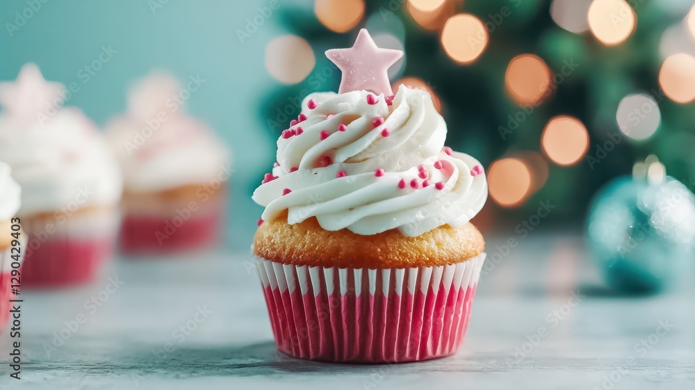 A festive cupcake topped with swirls of creamy frosting and a star decoration, set against a blurred Christmas tree backdrop, Christmas A festive cupcake topped with swirls of creamy frosting and a star decoration, set against a blurred Christmas tree backdrop, Christmas