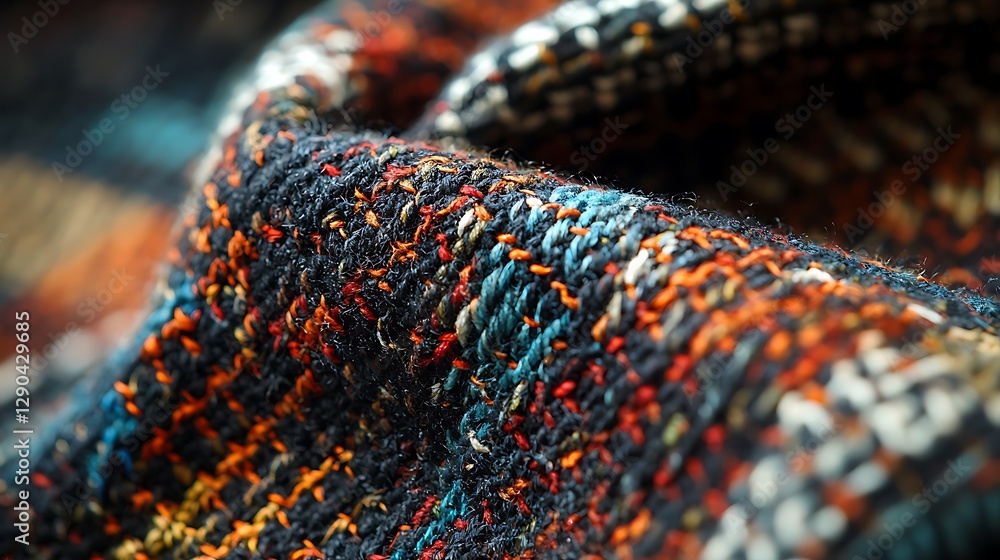 Close-Up View of Colorful Textile Fabric with Intricate Weaving Patterns and Textures Close-Up View of Colorful Textile Fabric with Intricate Weaving Patterns and Textures