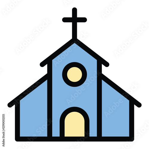 Church Icon Worship and Community in Flat Line Color Style.